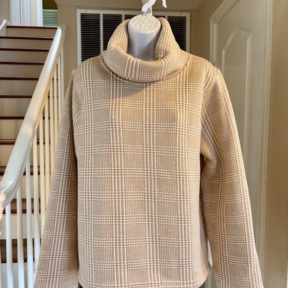 NWT J Crew Tan Houndstooth Plaid Soft Fleece Lined Cowl Tunic Sweater XL New $89 - Picture 2 of 5